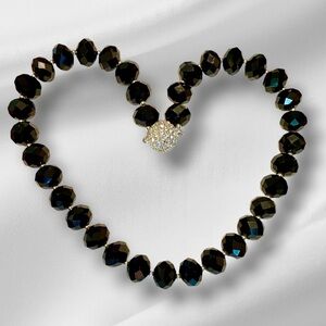 Black Faceted Glass Beaded Necklace with Rhinestone Magnetic Ball Clasp